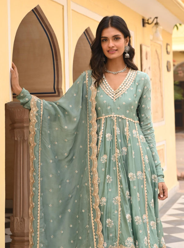 Tareefan Organza Satin Teal Blue Anarkali Kurta Set