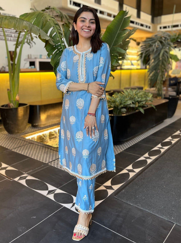 Amira Supima Satin Blue Kurta Set