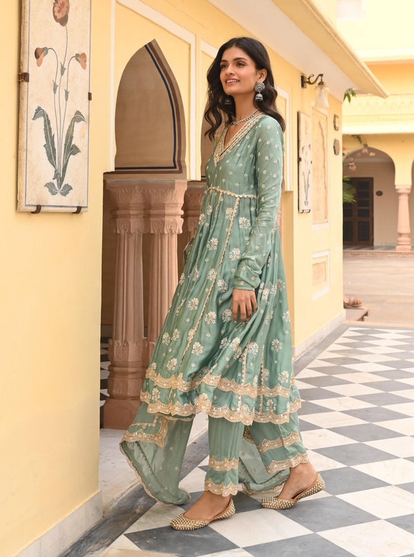 Tareefan Organza Satin Teal Blue Anarkali Kurta Set