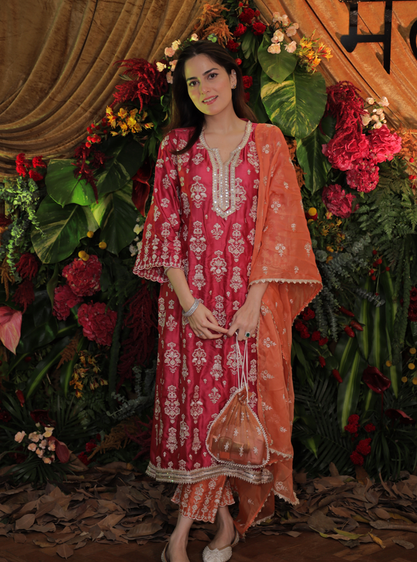 Florentina Cupro Satin Fuschia Kurta Set