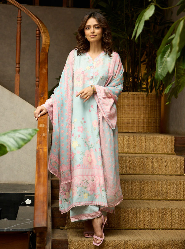 Pia Printed Linen Blue Kurta Set