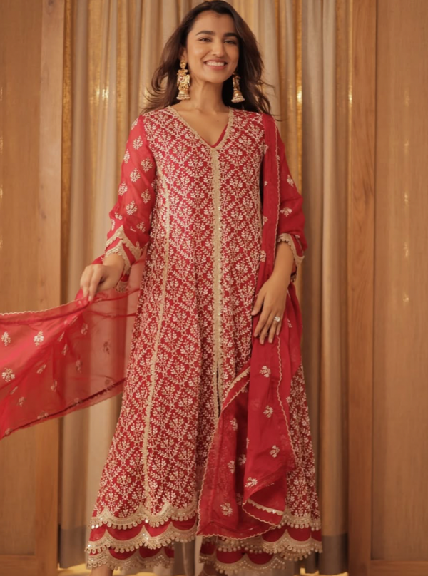 Kwanjal Organza Red Kurta Set