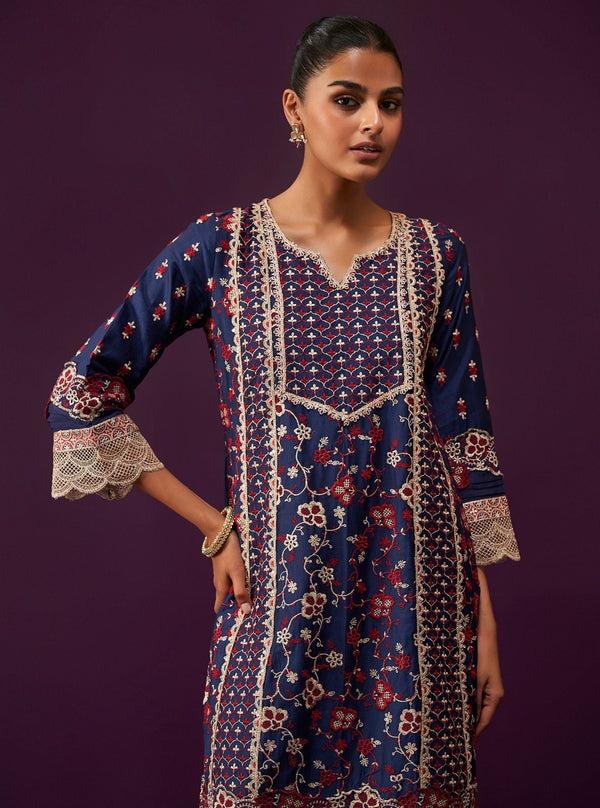 Anchali Pima Satin Navy Kurta Set