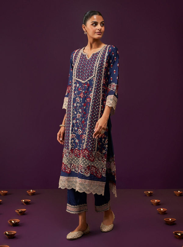 Anchali Pima Satin Navy Kurta Set
