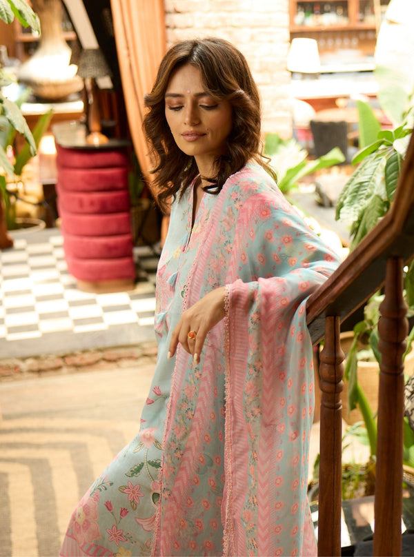 Pia Printed Linen Blue Kurta Set
