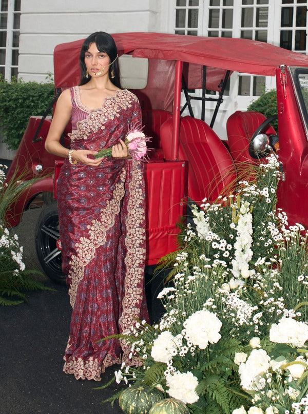Noorani Viscose Glass Organza Red Ajrakh Print Saree