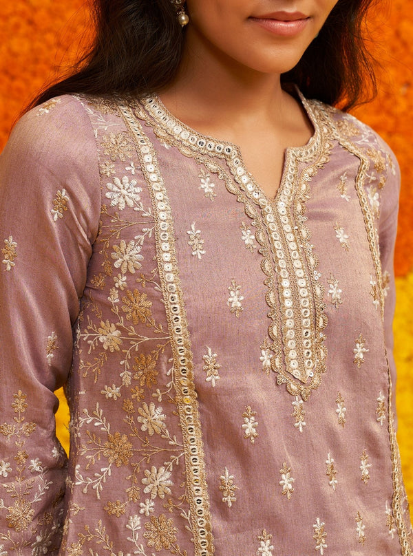 Satranga Tissue Linen Satin Lilac Kurta Set