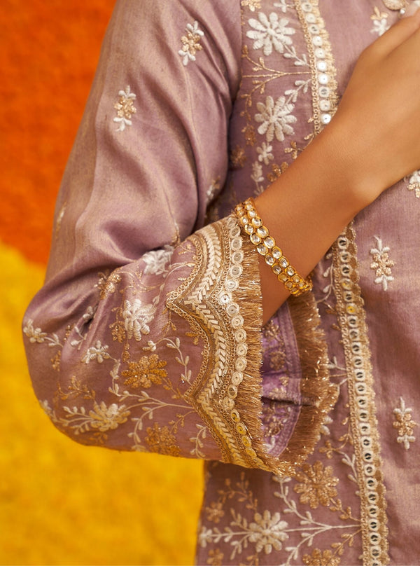 Satranga Tissue Linen Satin Lilac Kurta Set