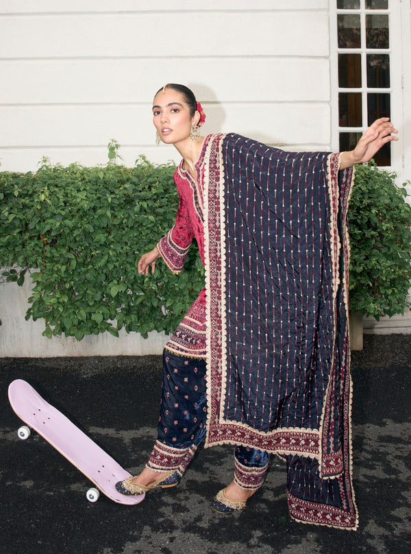 Tami Velvet Wine Kurta with Navy Pant Set