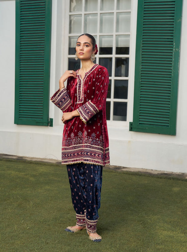 Tami Velvet Wine Kurta with Navy Pant Set