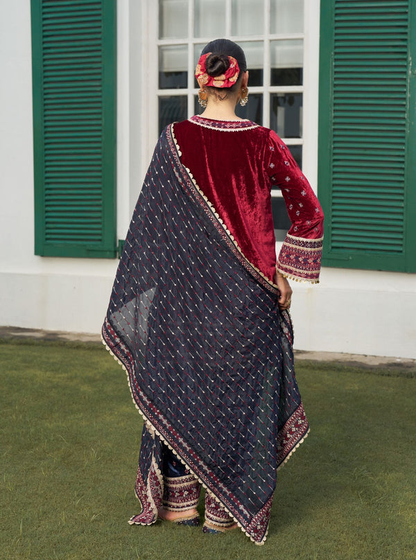 Tami Velvet Wine Kurta with Navy Pant Set