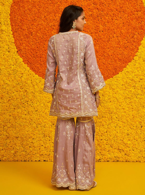 Satranga Tissue Linen Satin Lilac Kurta Set