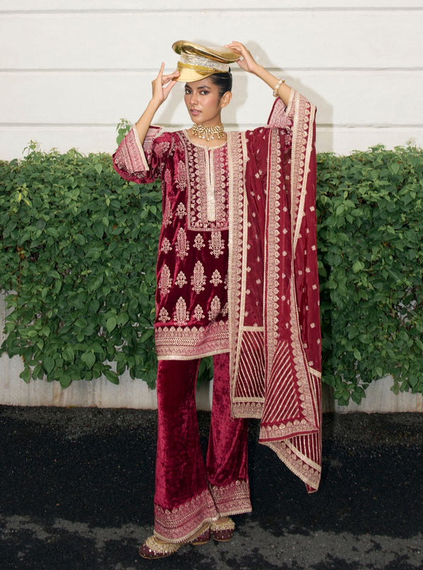 Sargam Velvet Wine Kurta Set