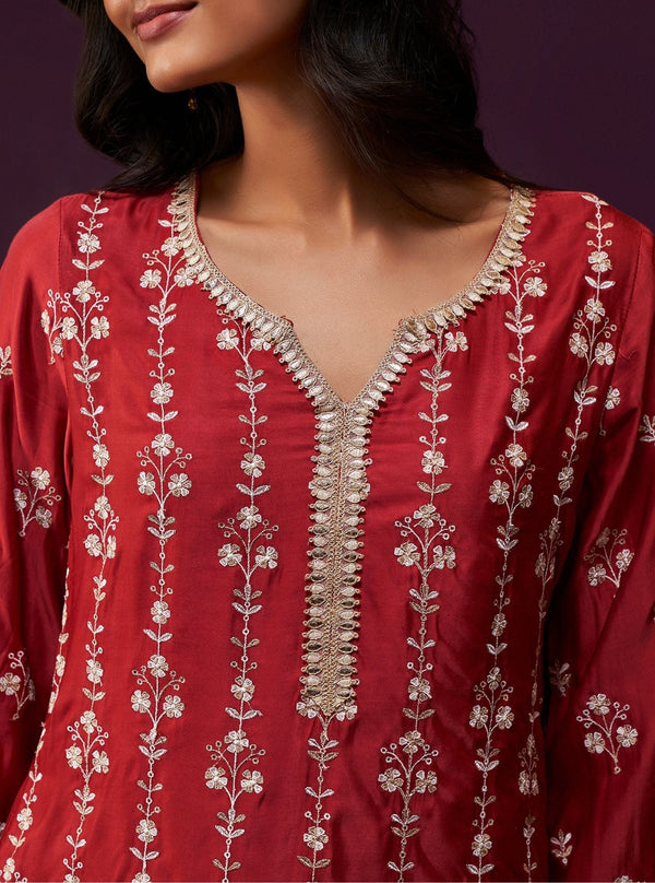 Tasanee Cupro Satin Red Kurta Set