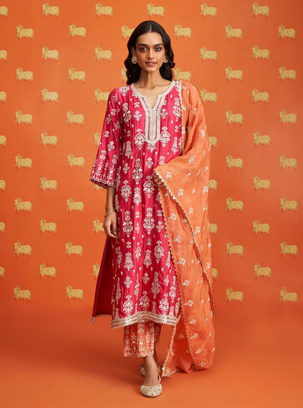 Florentina Cupro Satin Fuschia Kurta Set