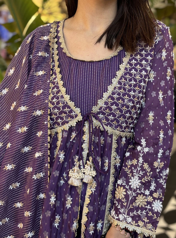 Nyah Banarsi Purple Short Anarkali Kurta Set