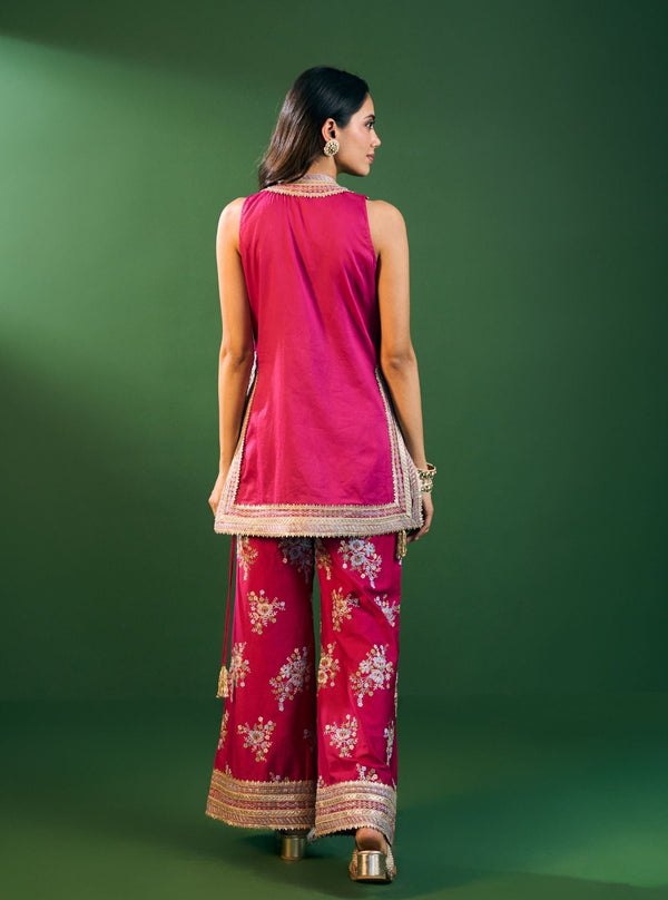 Lami Pima Satin Fuchsia Kurta With Flared Bell-Bottom Pants