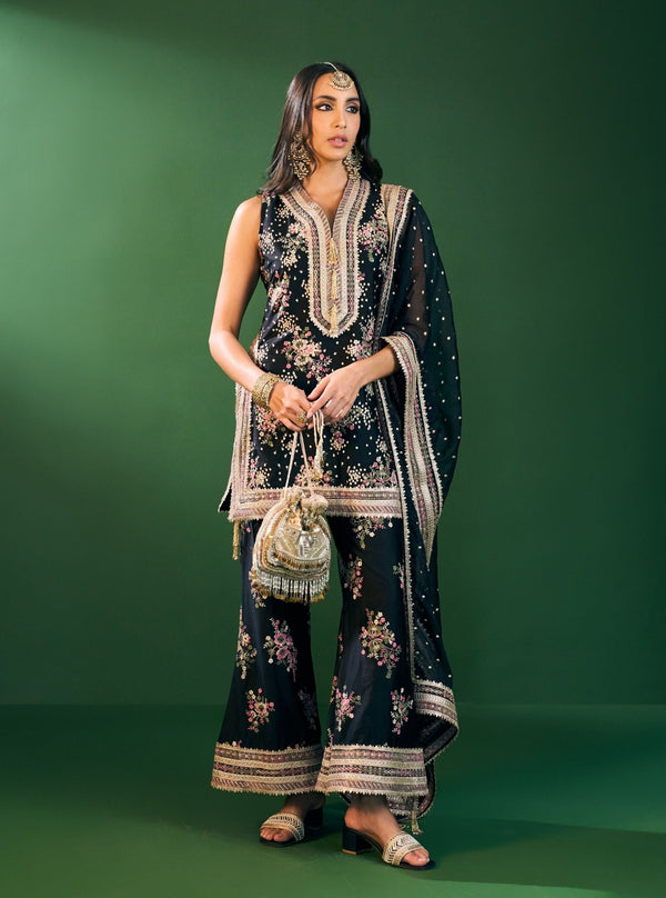 Lami Pima Satin Black Kurta With Flared Bell-Bottom Pants
