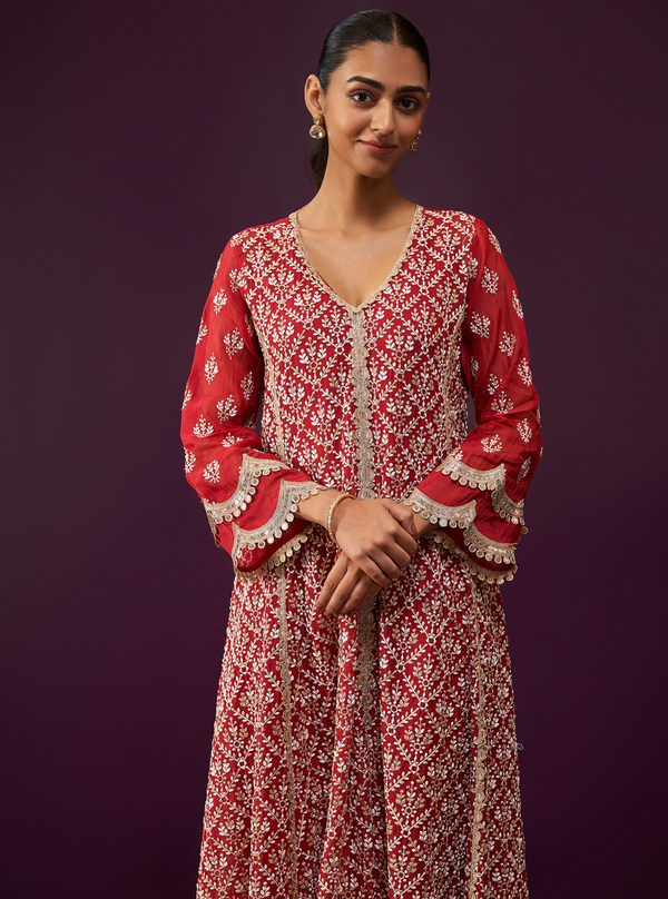 Kwanjal Organza Red Kurta Set