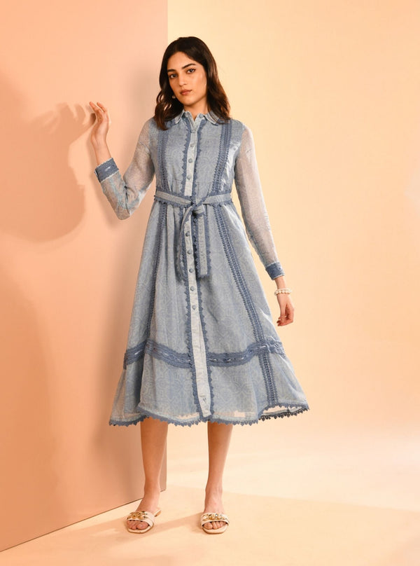Liz Organza Printed Blue Long Dress