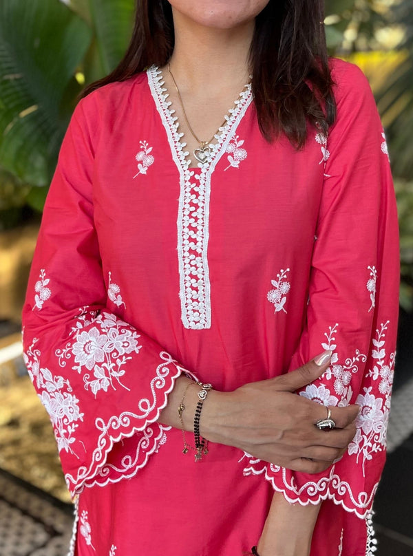 Love Song Supima Cotton Red Kurta With Slit Pant