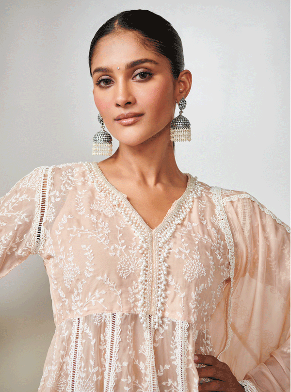 Twyla Organza Beige Kurta Set