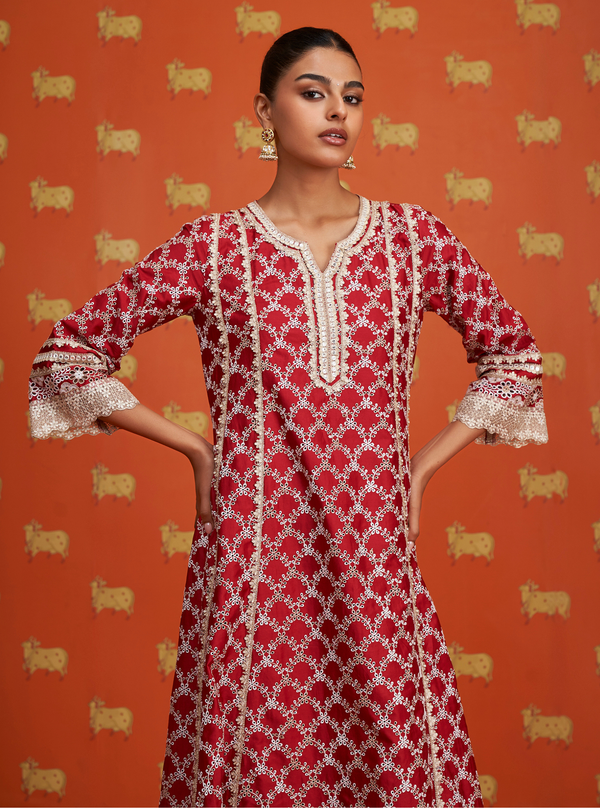Caem Pima Satin Red Kurta Set