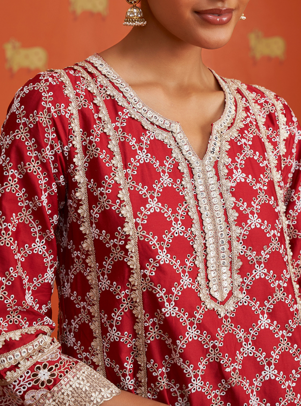 Caem Pima Satin Red Kurta Set