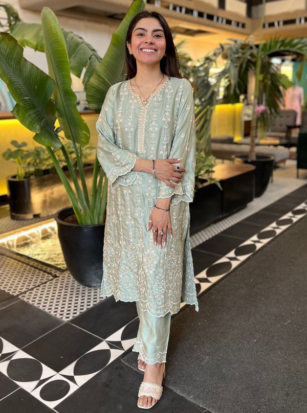Tasanee Cupro Satin Sage Green Kurta Set