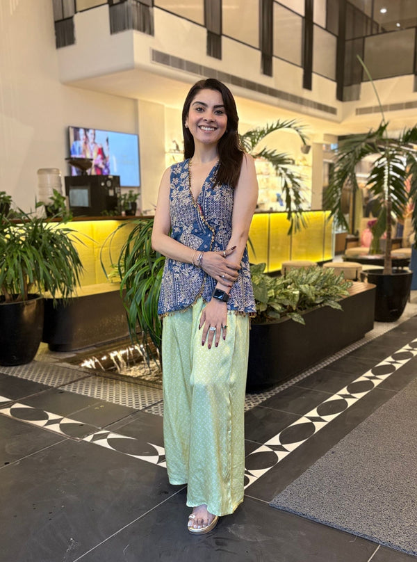 Lunira Denim Waistcoat With Cupro Satin Printed Sage Green Pant