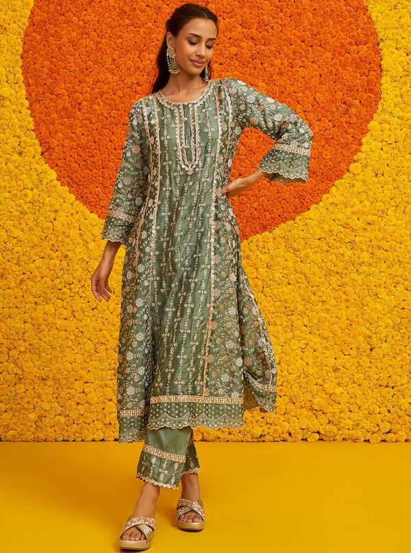 Saathiya Organza Satin Teal Blue Kurta Set