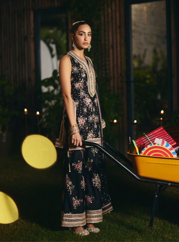 Lami Pima Satin Black Kurta With Flared Bell-Bottom Pants
