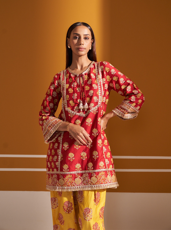 Aphinya Pima Satin Red Kurta Set