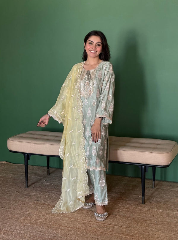 Intira Tissue Linen Satin Sage Green Kurta Set