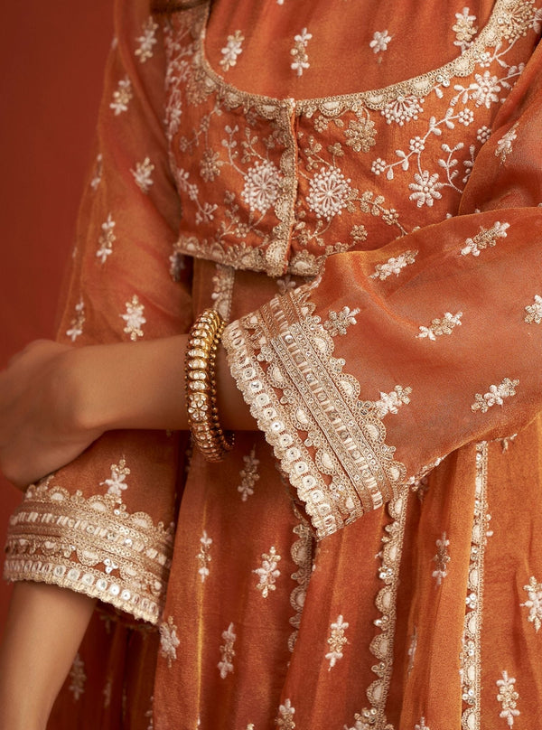 Genda Royal Tissue Burnt Orange Anarkali Kurta Set