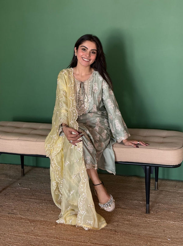Intira Tissue Linen Satin Sage Green Kurta Set