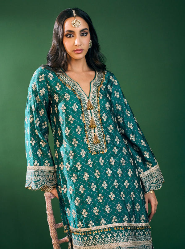 Elira Cupro Satin Emerald Green Kurta Sets