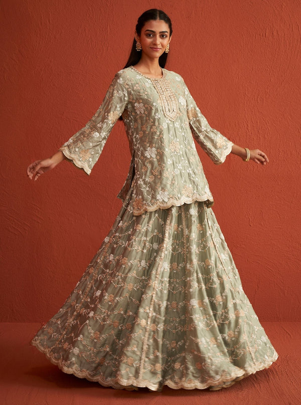 Fitoor Organza Satin Sage Green Kurta Set