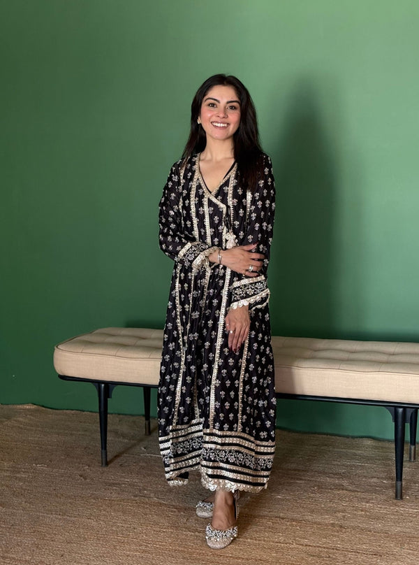 Patola Organza Satin Black Anarkali Kurta Set