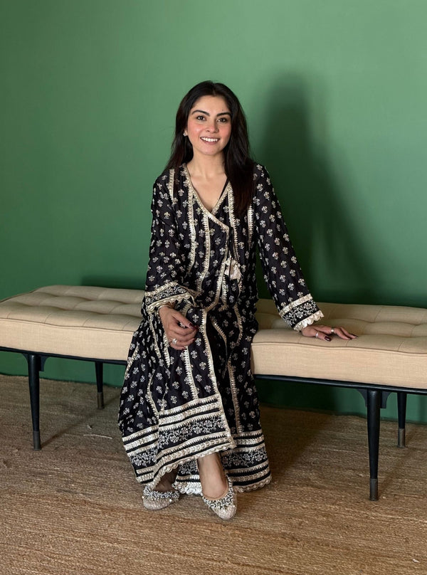 Patola Organza Satin Black Anarkali Kurta Set