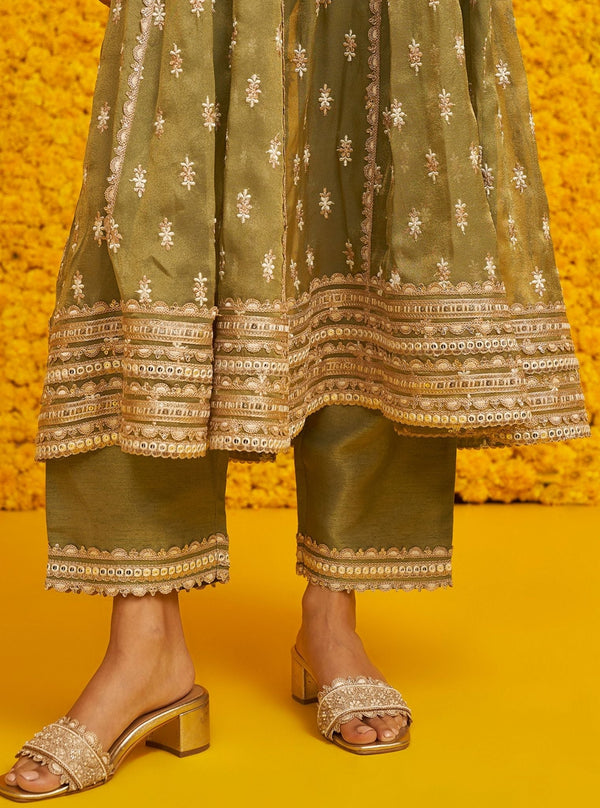 Genda Royal Tissue Sage Green Anarkali Kurta Set