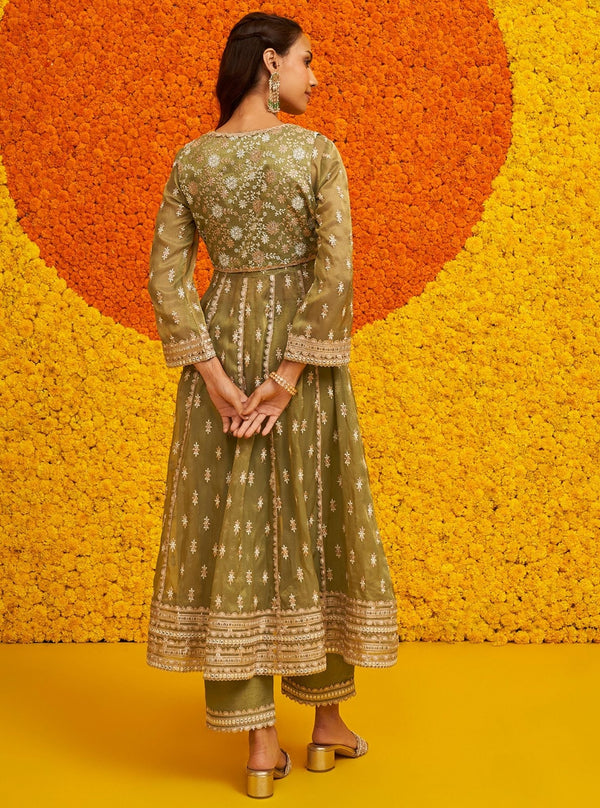 Genda Royal Tissue Sage Green Anarkali Kurta Set