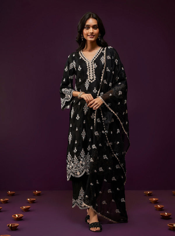 Emon Cupro Satin Black Kurta Set
