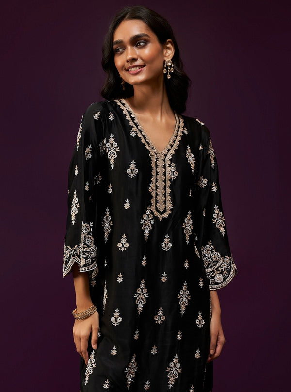 Emon Cupro Satin Black Kurta Set