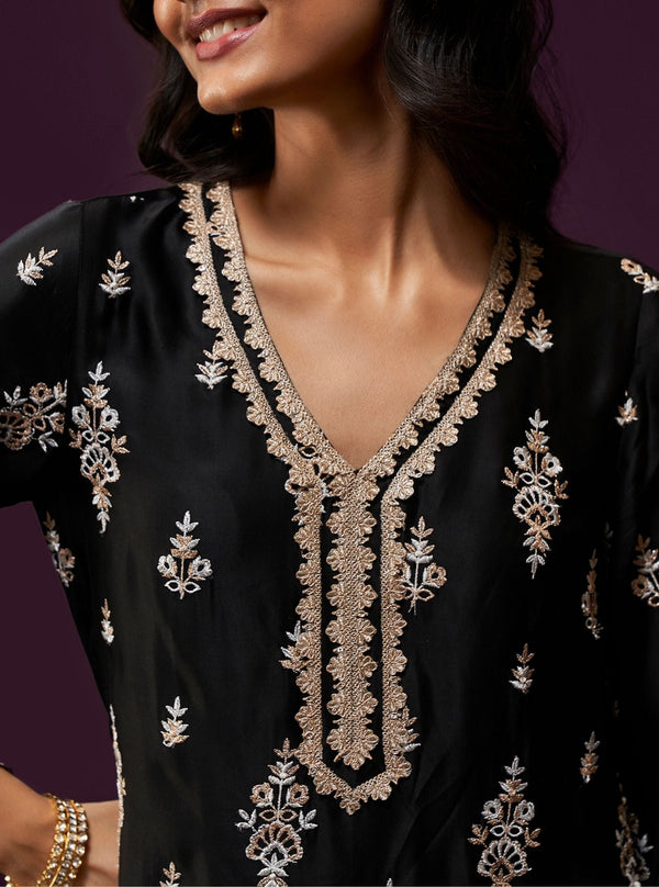 Emon Cupro Satin Black Kurta Set