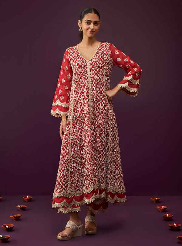 Kwanjal Organza Red Kurta Set