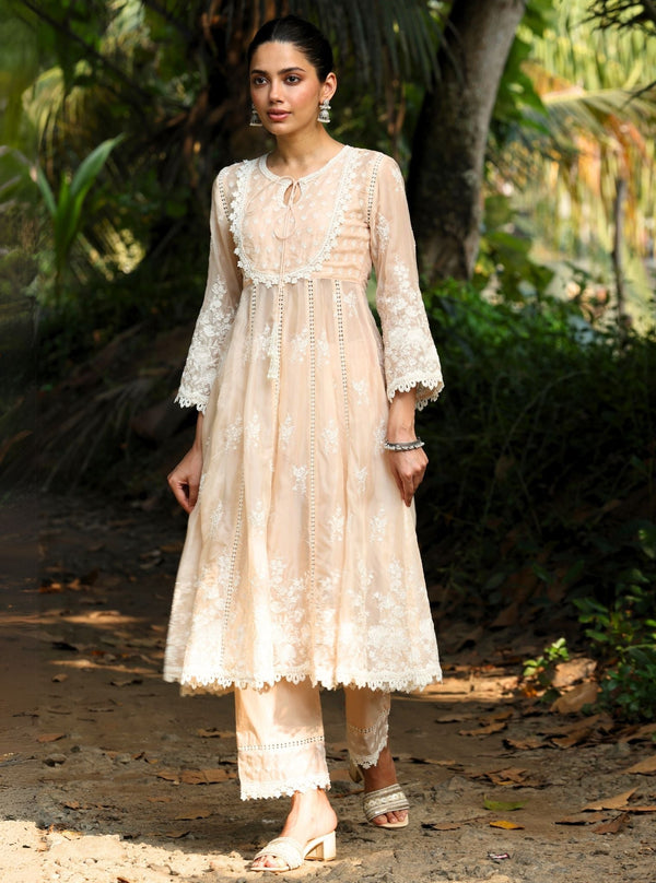 Neesa Organza Beige Anarkali Kurta Set