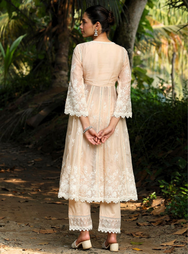 Neesa Organza Beige Anarkali Kurta Set