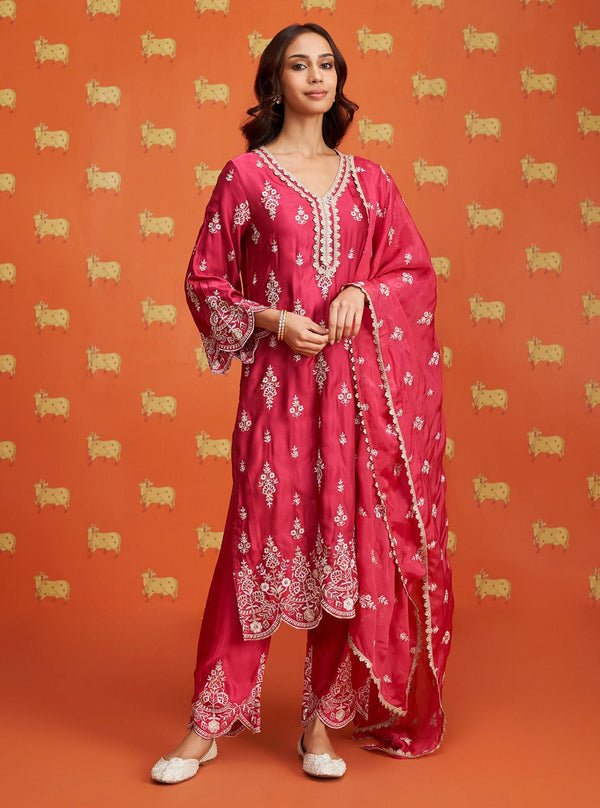 Emon Cupro Satin Fuschia Kurta Set