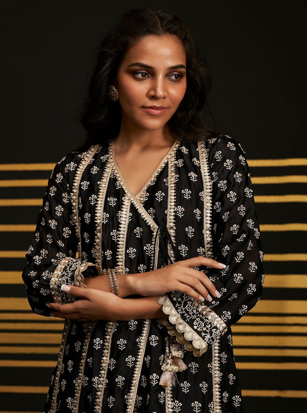 Patola Organza Satin Black Anarkali Kurta Set